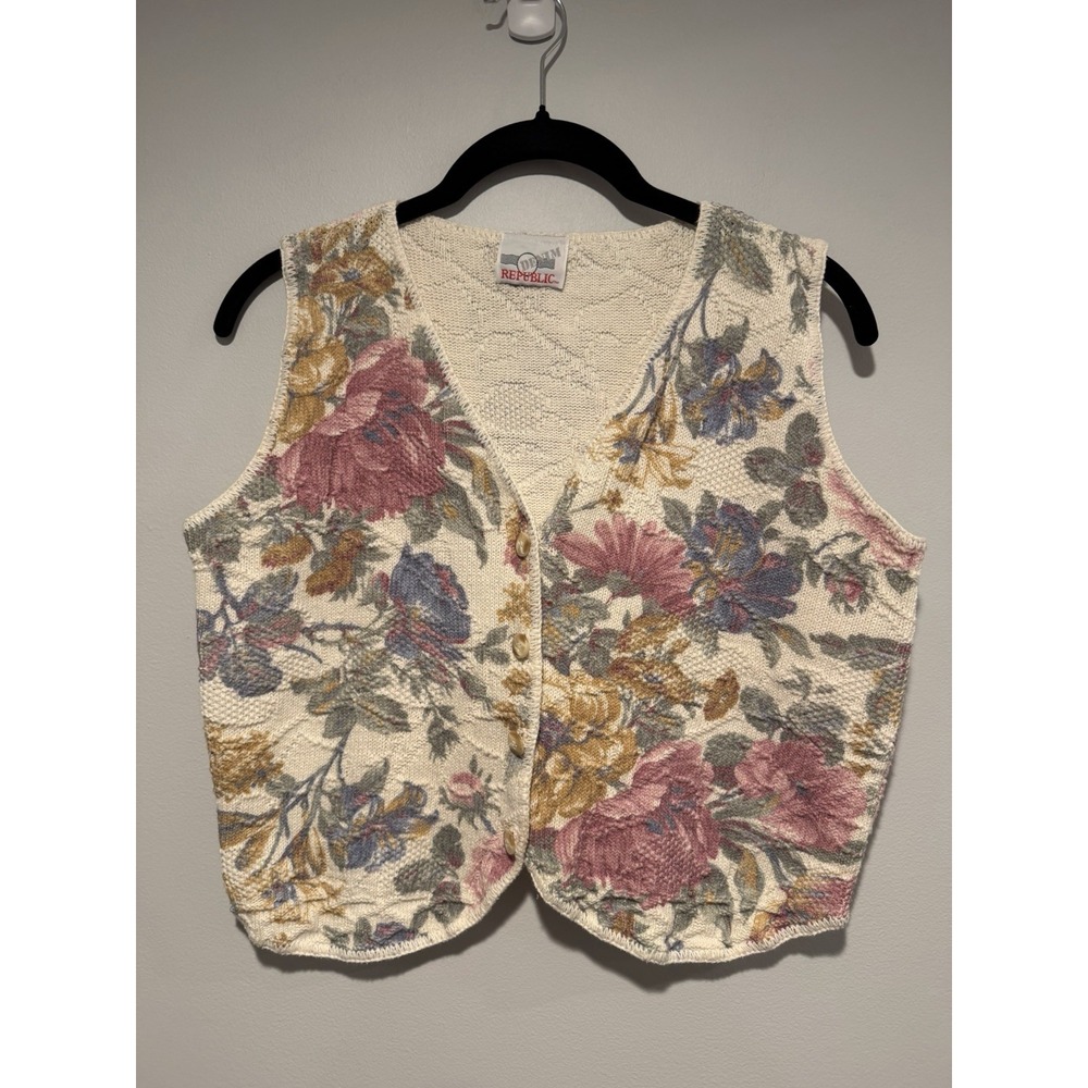 Vintage Denim Republic Floral Sweater Vest Knit Cottagecore Prairie USA